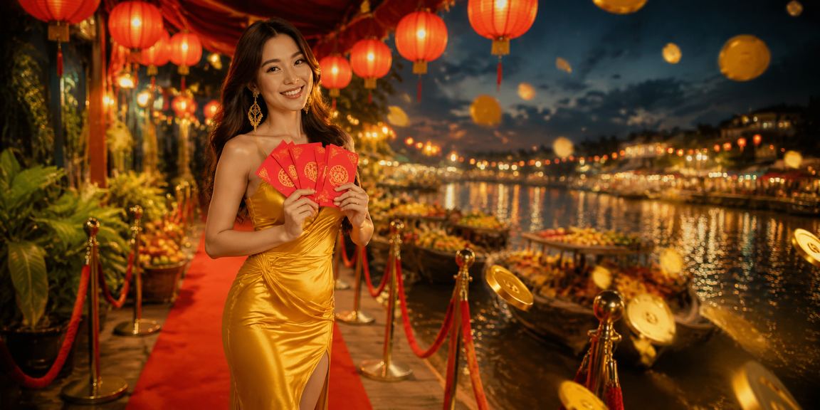 Chợ đêm Mekong rực rỡ ánh đèn đỏ với phong bì đỏ và không khí lễ hội sôi động